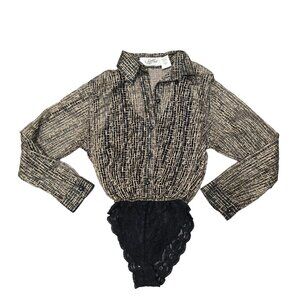 Vintage Soffia Long Sleeve Button-Up lace body suit gold metalic black sheer L